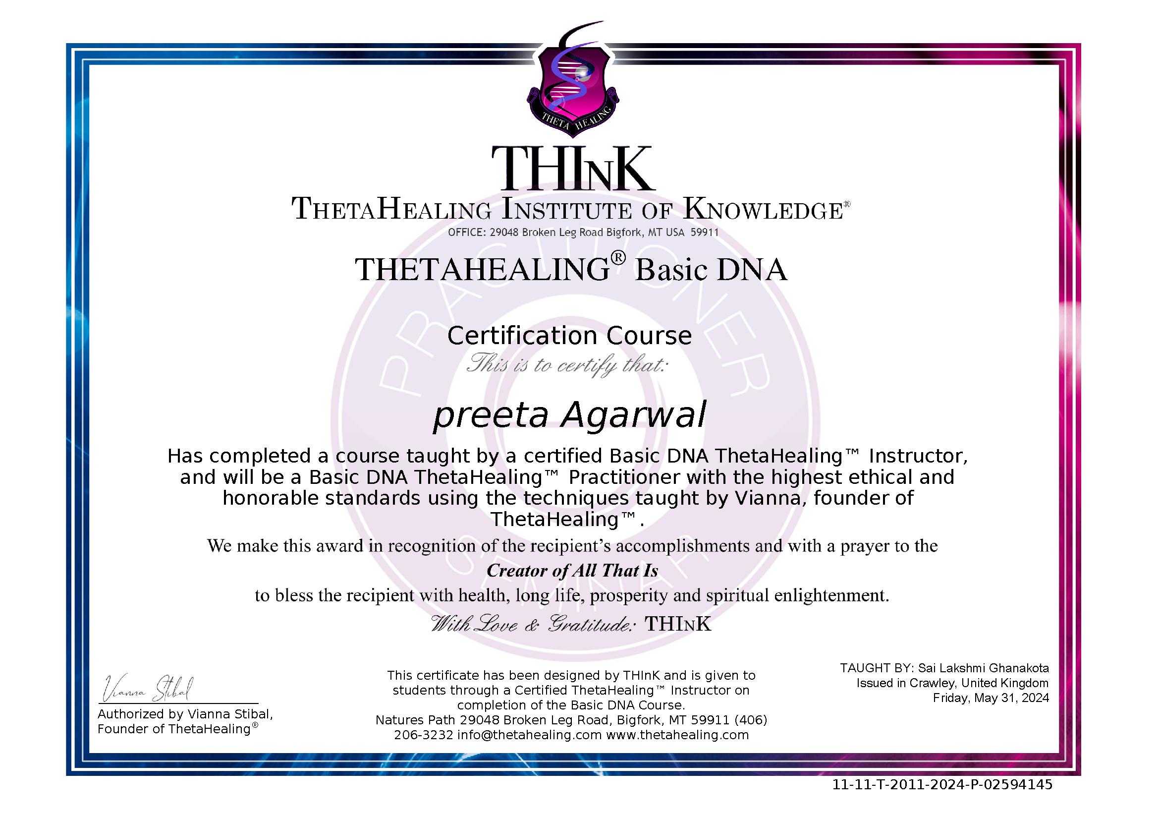 Theta Healing — Basic DNA certificate