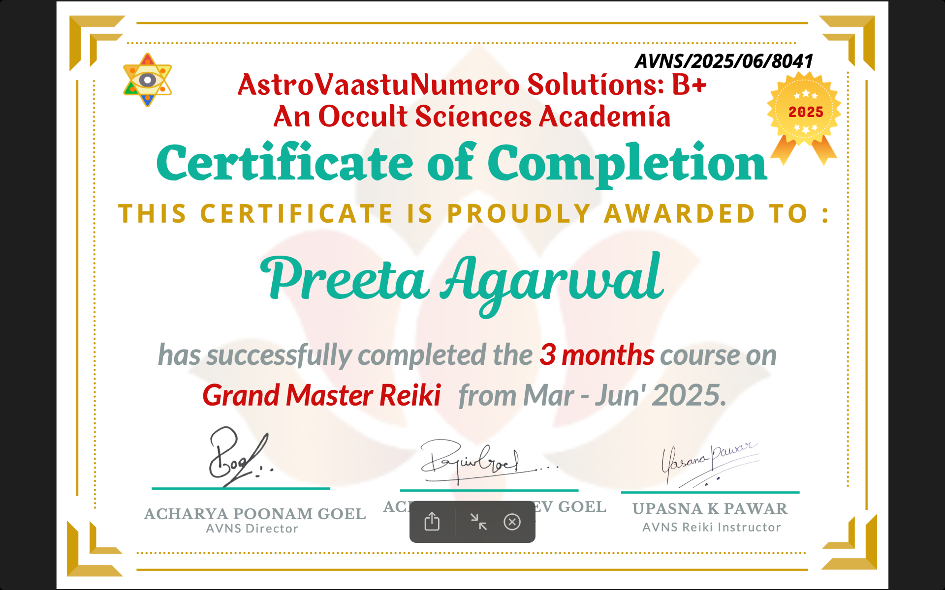Grand Master Reiki certificate