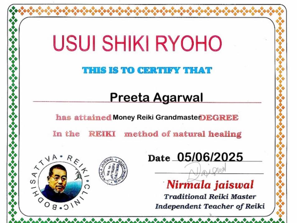 Money Reiki Grandmaster certificate